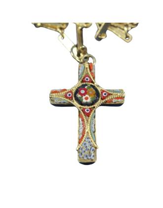 Vintage Micro Mosaic Floral Cross Necklace