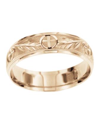 Olive Branch and Cross 14k Yellow Gold Wedding Band