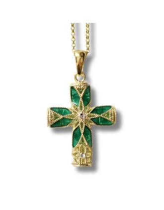 Italian Filigree Cross Necklace Green Enamel Gold Over Silver