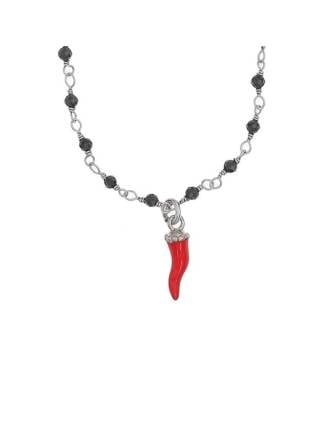 Red Horn Charm Cornicello Necklace Sterling Silver Black Beads