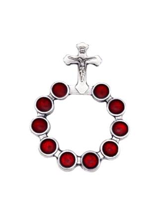 Silver Red Beads Finger Rosary One Decade Rosary Ring