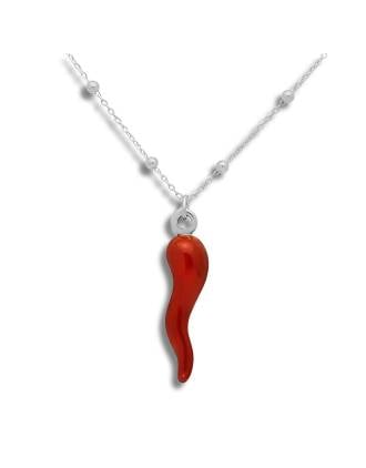 Grande Italian Red Horn Bead Station Necklace Sterling Silver