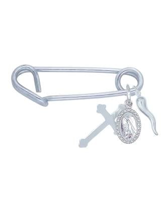 Italian Cornicello Miraculous Medal Safety Pin Sterling Silver
