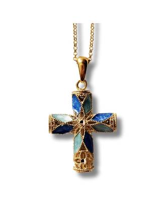 Italian Filigree Cross Necklace Blue Enamel Gold Over Silver