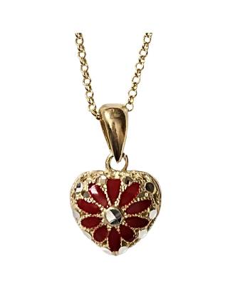 Italian Filigree Heart Pendant Red Enamel Gold Over Silver