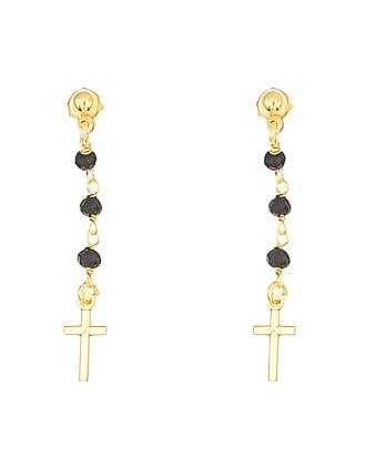 Italian Gold and Black Rosary Bead Cross Earrings