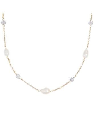 Italian Gold Freshwater Pearl Choker Necklace with CZ Pave Beads