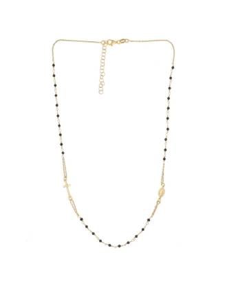 Italian Gold Rosary Bead Necklace Black Beads Double Chain