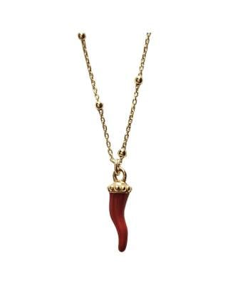 Italian Red Enamel Horn with Crown Bead Station Necklace