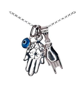 Mano Cornuto Hamsa Evil Eye Charm Sterling Silver Necklace