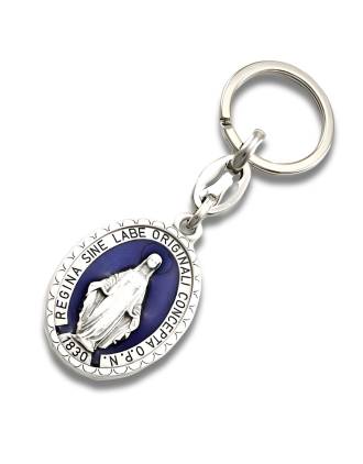 Miraculous Medal Keychain Blue Enamel