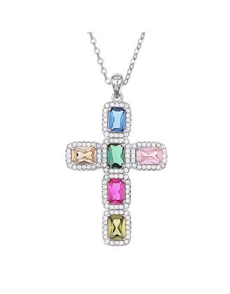 Multicolor CZ Modern Italian Renaissance Cross Necklace
