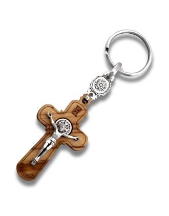 St. Benedict Crucifix Keychain Olive Wood and Metal