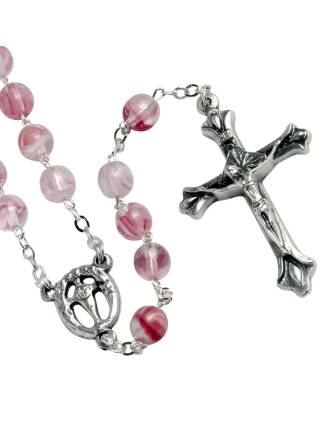 Pink Glass Communion Rosary with Chalice Center