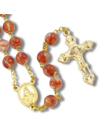 Red Millefiori Glass Bead Rosary with Gold Tone Finish