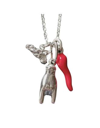 Sicily Map, Mano Cornuto & Red Enamel Italian Horn Charm Necklace