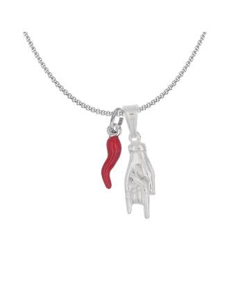 Silver Stacked Charm Mano Cornuta Italian Cornicello Necklace