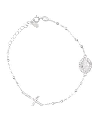 Sterling Silver CZ Italian Rosary Bead Sideways Cross Bracelet