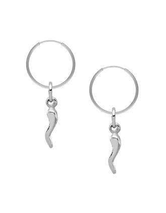 Cornicello Sterling Silver Italian Horn Charm Hoop Earrings