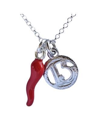 Tredici Number 13 Red Cornicello Necklace Silver