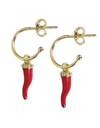 Italian Crowned Red Horn Earrings Gold Over Silver J Hoops