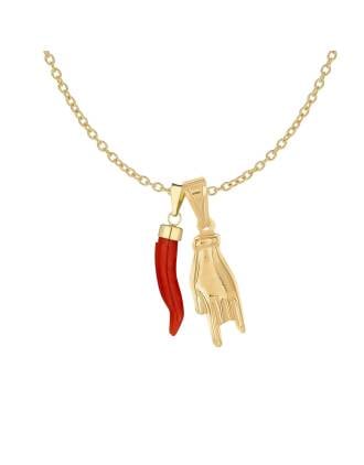 Italian Horn Red Coral Necklace With Mano Cornuto