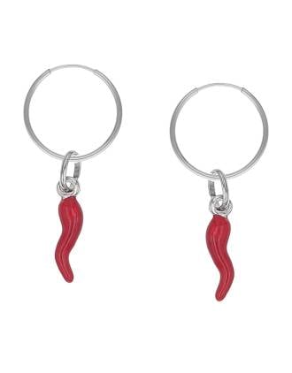 Cornicello Sterling Silver Red Enamel Italian Horn Charm Hoop Earrings