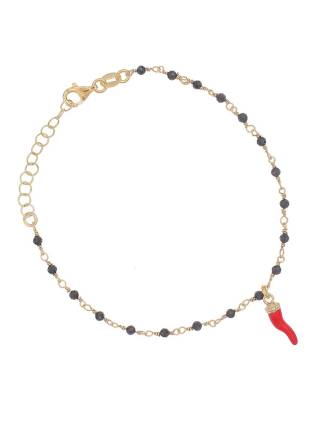 Red Horn Charm Cornicello Bracelet Yellow Gold Black Beads