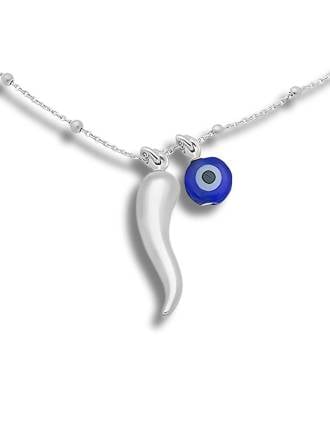 Evil Eye Italian Horn Bead Station Necklace Sterling Silver
