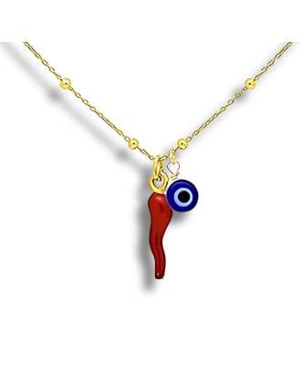 Evil Eye Italian Red Horn Bead Station Necklace 14k Gold Over Silver
