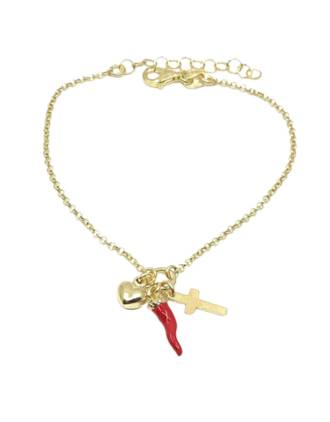 Gold Red Italian Horn Heart and Cross Charm Bracelet