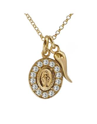 Gold Cornicello and Madonna Necklace CZ