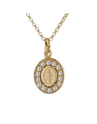 Gold Madonna Medal Necklace with CZ Halo