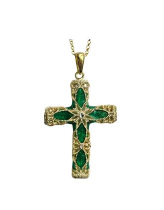 Italian Filigree Cross Necklace Green Enamel Gold Over Silver