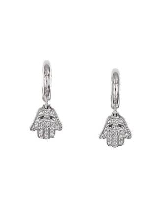 Hamsa Evil Eye Charm Hoop Earrings Sterling Silver