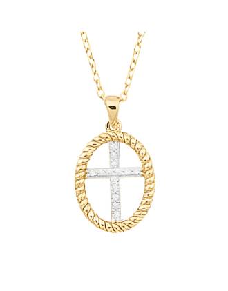 Italian Cross Necklace CZ 14K Gold Over Sterling Silver Rope Frame