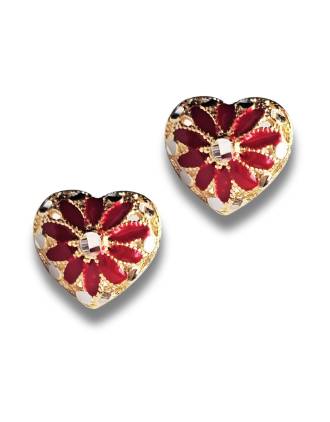 Italian Filigree Heart Earrings Red Enamel Gold Over Silver