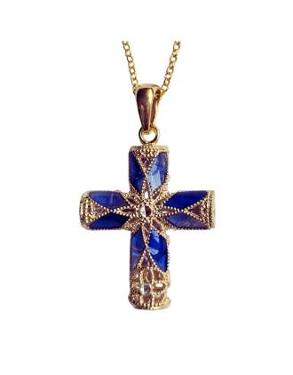 Italian Filigree Media Cross Necklace Dark Blue Enamel Gold Over Silver