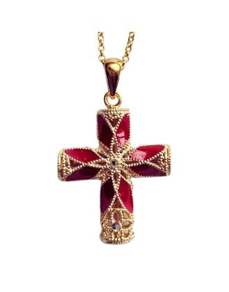Italian Filigree Media Cross Necklace Red Enamel Gold Over Silver