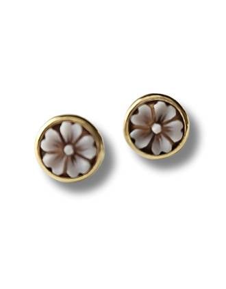 Italian Floral Cameo Earrings Round Gold Over Silver Bezel Set