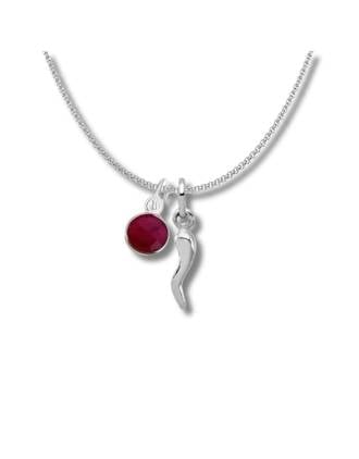 July Birthstone Italian Horn Necklace 7mm Ruby Charm Sterling Silver