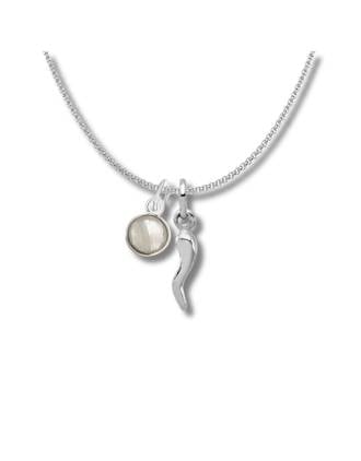 June Birthstone Italian Horn Necklace 7mm Moonstone Charm Sterling Silver