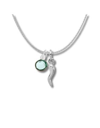March Birthstone Italian Horn Necklace 7mm Aqua Quartz Charm Sterling Silver