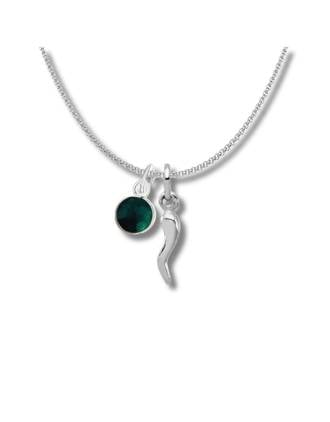 May Birthstone Italian Horn Necklace 7mm Emerald Charm Sterling Silver