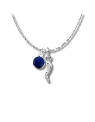 September Birthstone Italian Horn Necklace 7mm Sapphire Charm Sterling Silver