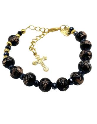 Gold and Black Murano Glass Beaded Crucifix Rosary Bracelet