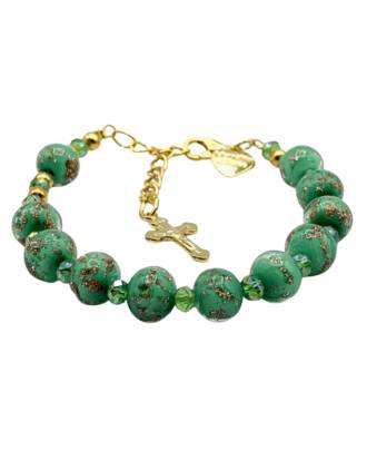 Gold and Green Murano Glass Beaded Crucifix Rosary Bracelet
