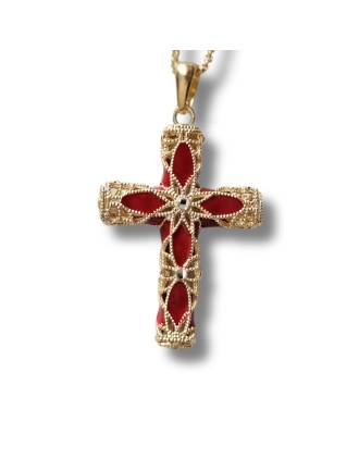 Large Italian Filigree Cross Necklace Red Enamel Gold Over Silver