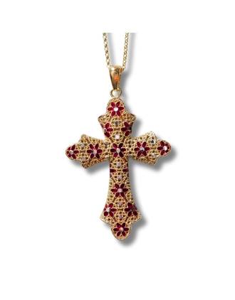 Medici Filigree Cross Necklace Red Enamel Gold Over Silver
