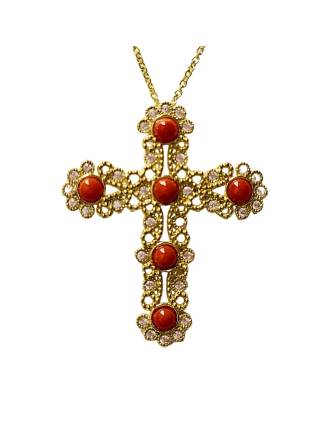 Medici Renaissance Coral Cross Pendant Gold Over Silver